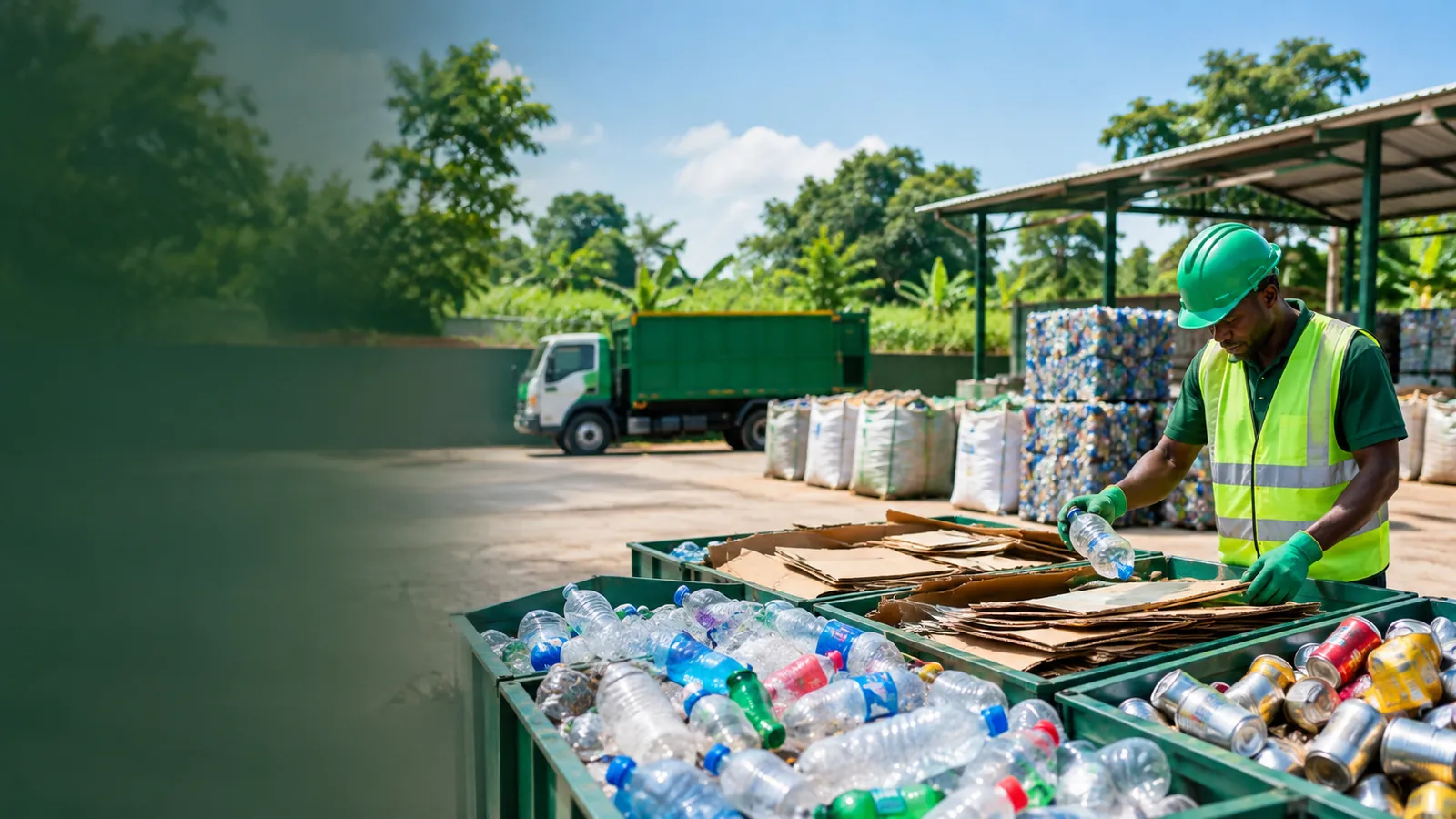 A recycling worker in a hard hat sorting plastic bottles and cardboard beside a collection truck